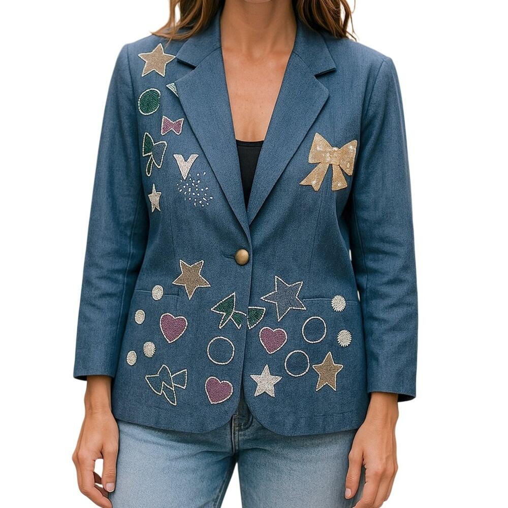 Vintage Adrianna Papell Adam Douglass Embellished Denim Blazer L Pearl Jacket